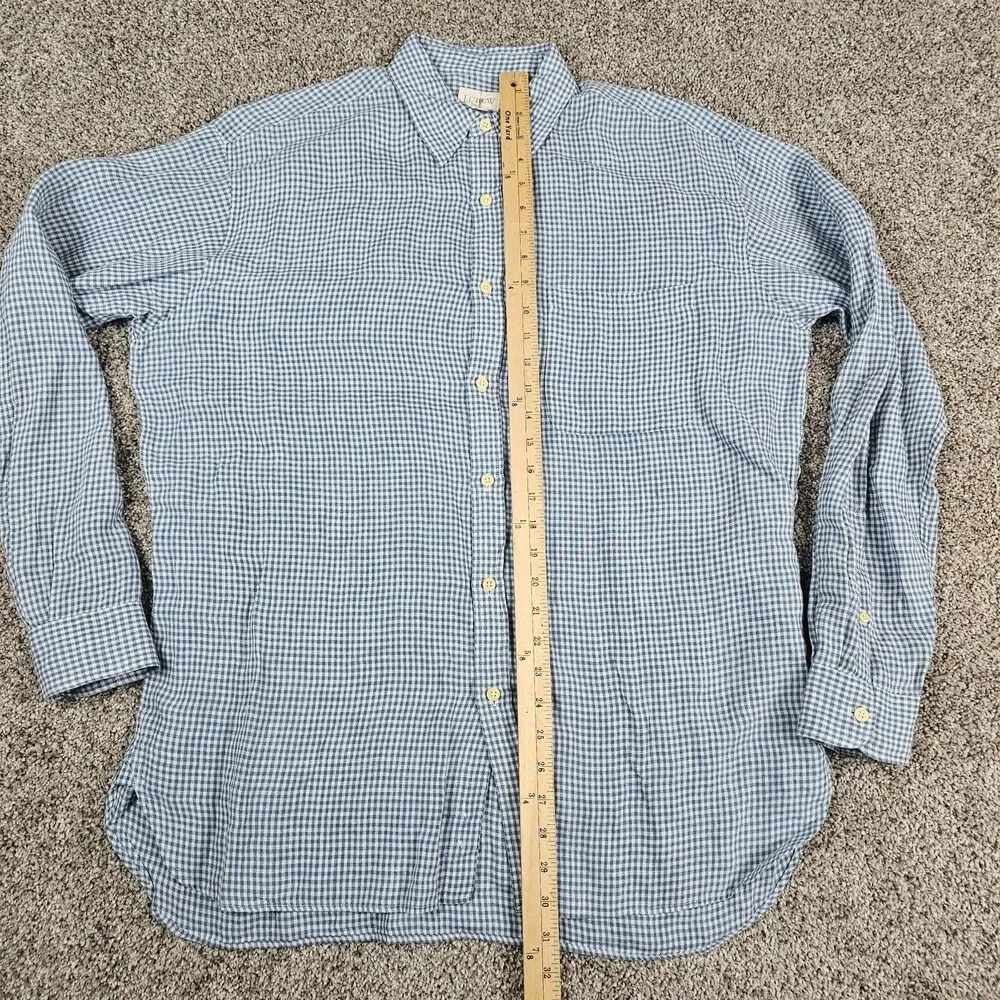 J Crew Shirt Mens Medium Blue Linen Gingham Check OVERSIZED Long Sleeve Oarsman